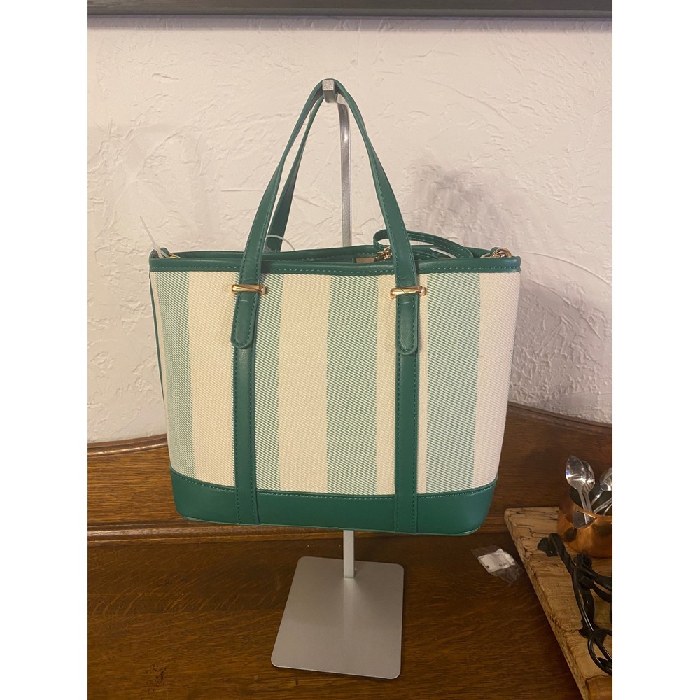 Anne Klein Wynn Green Striped Tote Bag with Pouch and Crossbody Strap NEW - Picture 12 of 13